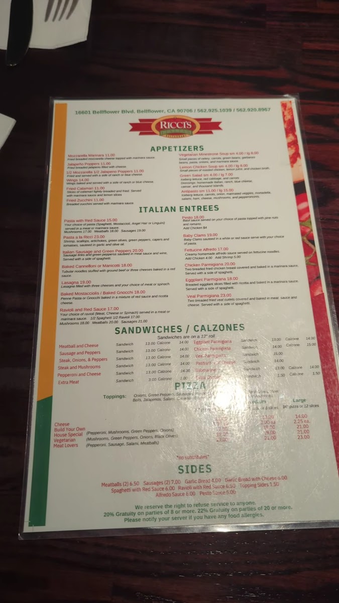 Menu Ricci's Italian Restaurant-1